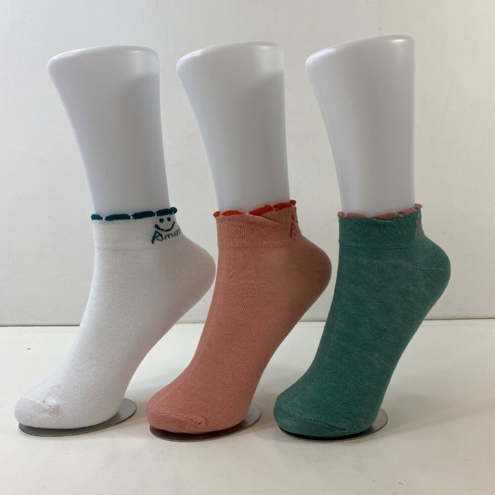 Womens Ankle Socks Set 3 Smiley Face "Amor" Design White Orange Green Blue